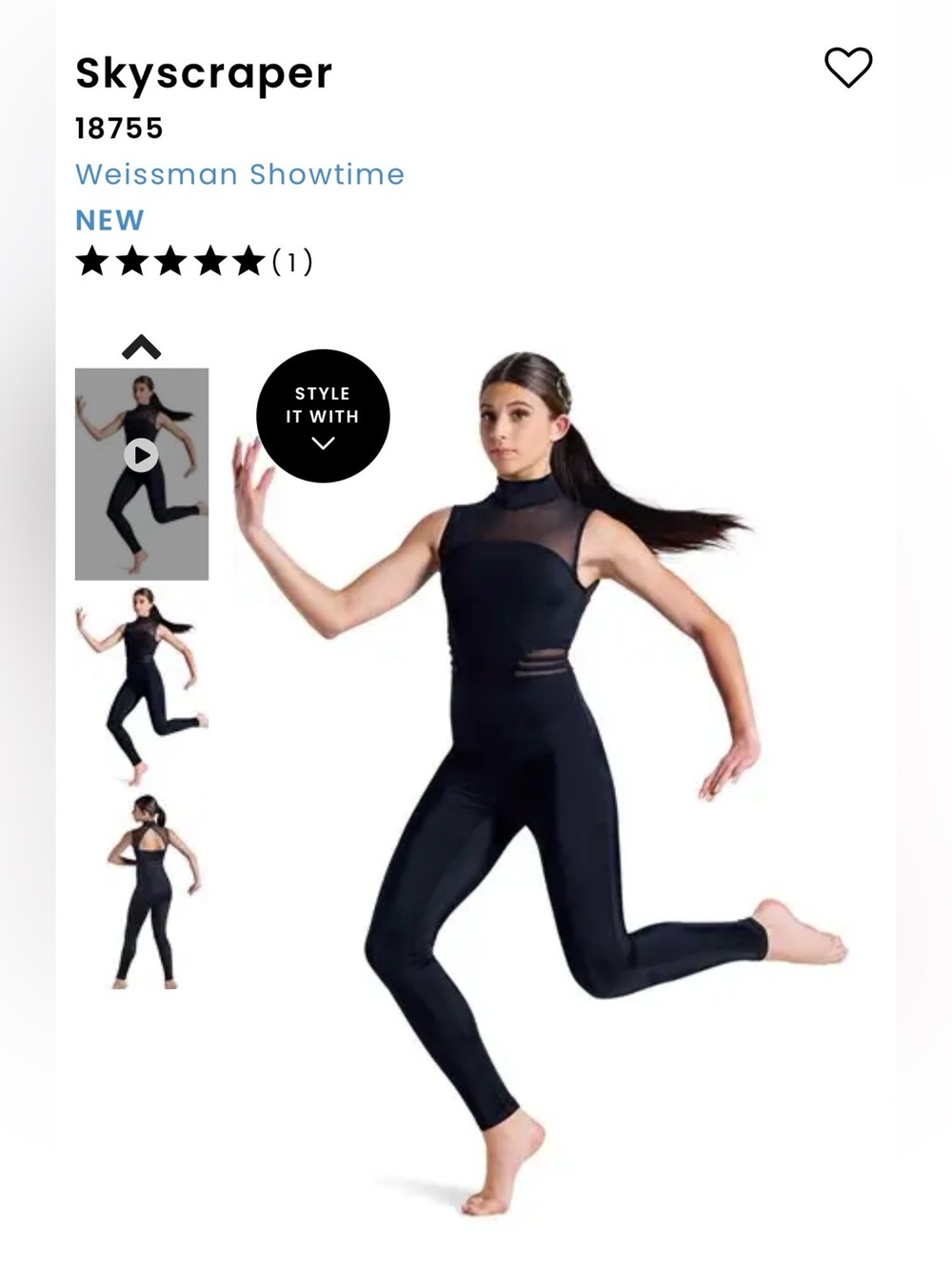 Weissman Black High-Neck Mesh Dance Jumpsuit “Skyscraper” Adult small